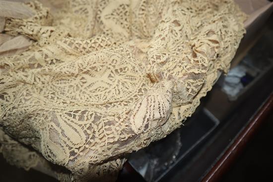 A large Maltese silk shawl, similar stole and collar and three lengths of Brussels point de gaze